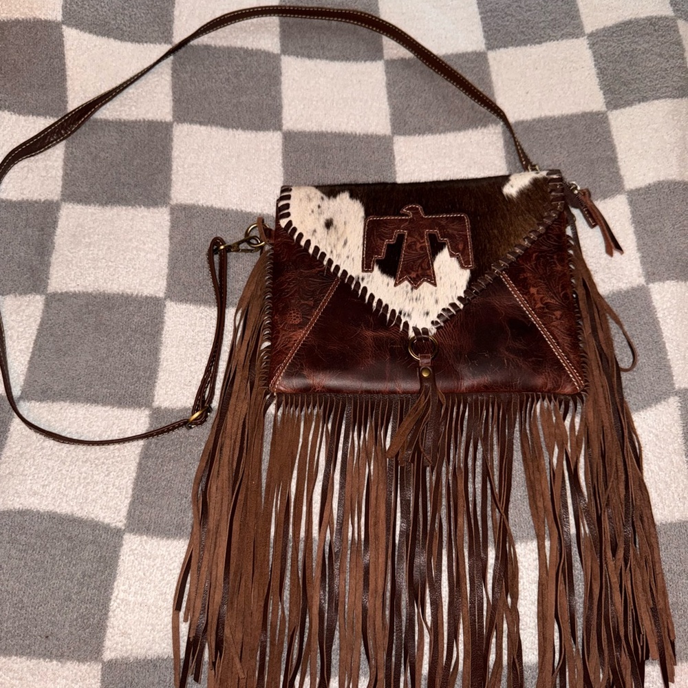 Brown and White Fringe Crossbody Bag
